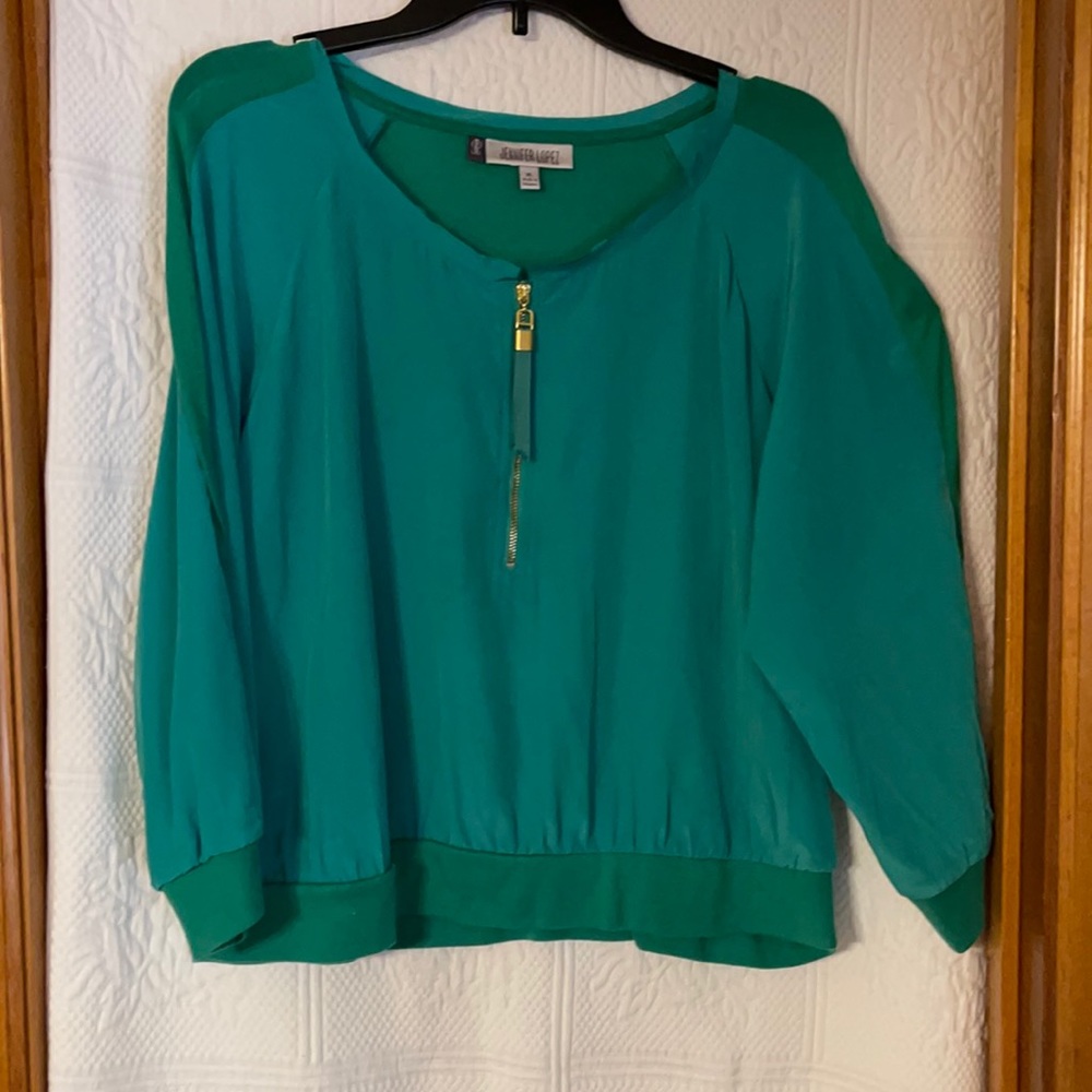 Jennifer Lopez Short Waisted Emerald green with Gold zipper banded blouse